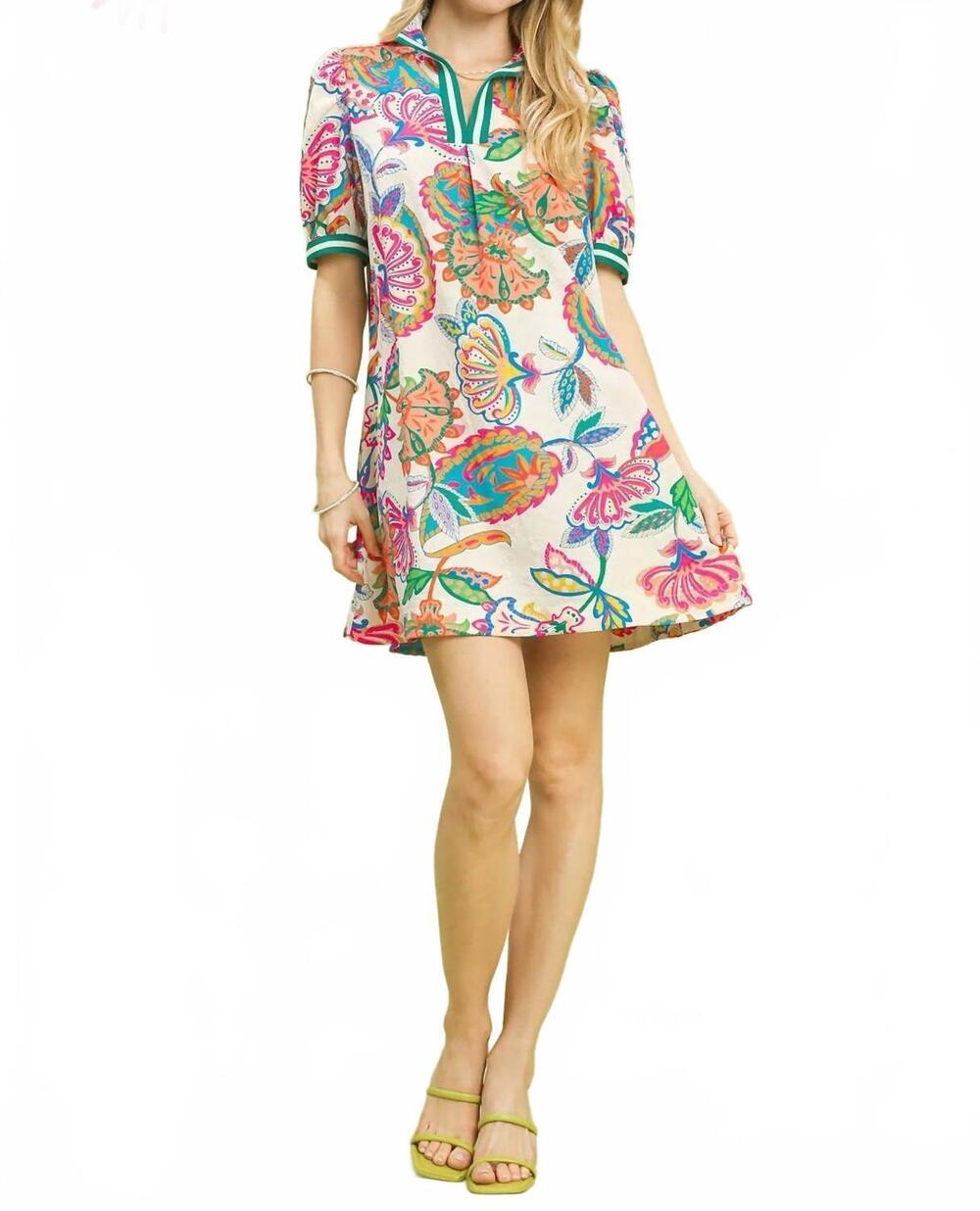 NEW UMGEE jacquard paisley print puff sleeve tunic dress in cream mix